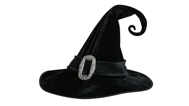 Black velvet witch hat with a sparkling rhinestone buckle and curled tip