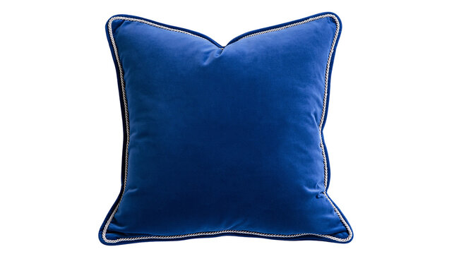 Square royal blue velvet throw pillow with decorative twisted silver cord piping