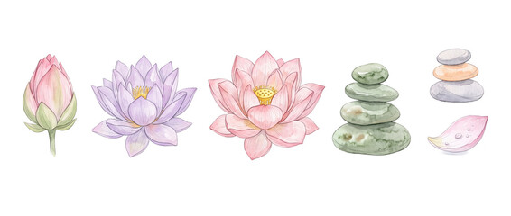 Obraz premium Watercolor lotus flower zen stones set isolated on black background for spa, wellness, meditation, yoga design, floral illustration elements, clip art set, natural botanical graphic collection art.