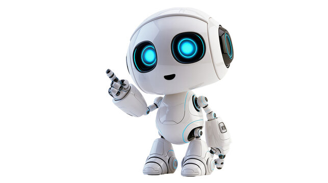 Small white humanoid robot with glowing blue eyes pointing with its finger