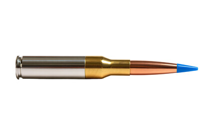 Large caliber rifle cartridge with brass casing and blue polymer tipped bullet © Rowan