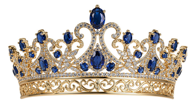 Ornate gold tiara with oval blue sapphires and sparkling white diamond crystals