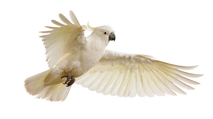 White umbrella cockatoo flying with wings spread wide © Rowan