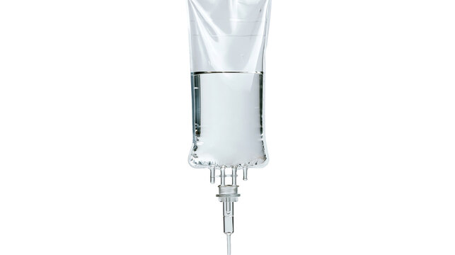 Clear plastic intravenous drip bag filled with saline solution