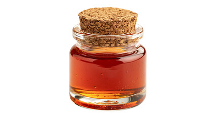 Small glass jar filled with amber honey and sealed with a natural cork stopper © Rowan