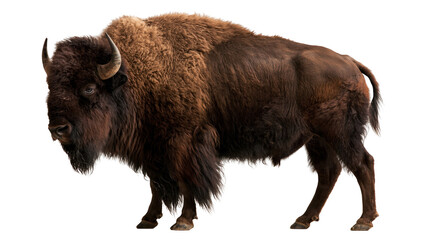 Large American bison with thick brown fur and curved horns standing in profile © Rowan
