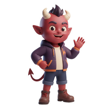 Cute 3D Cartoon Demon Boy Character Waving Isolated on Transparent Background
