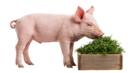 Pink piglet eating fresh green dill from a small rustic wooden crate © Rowan