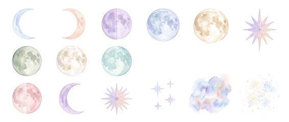 Fototapeta premium Watercolor moon phases celestial stars set isolated on black background featuring pastel full moons, crescents, watercolor clouds, and sparkling elements for mystical astrology, astronomy, boho design