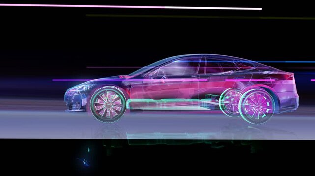 Side view of futuristic holographic electric car driving fast with motion blur neon speed lines, 3d loop animation of autonomous EV chassis x-ray scanner wireframe for engineering tech background