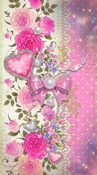 Romantic shabby chic pink roses background with diamond jeweled heart lace ribbon and vintage script wallpaper