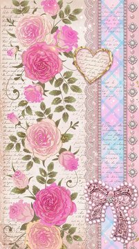 Romantic shabby chic pink roses background with diamond jeweled heart lace ribbon and vintage script wallpaper