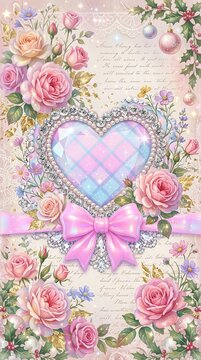 Romantic shabby chic pink roses background with diamond jeweled heart lace ribbon and vintage script wallpaper