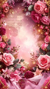 Pink Christmas background frame with snowy winter landscape gift boxes ornaments and sparkling starry copy space