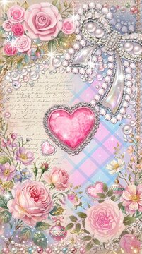 Romantic shabby chic pink roses background with diamond jeweled heart lace ribbon and vintage script wallpaper