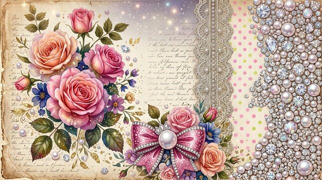 Romantic shabby chic pink roses background with diamond jeweled heart lace ribbon and vintage script wallpaper