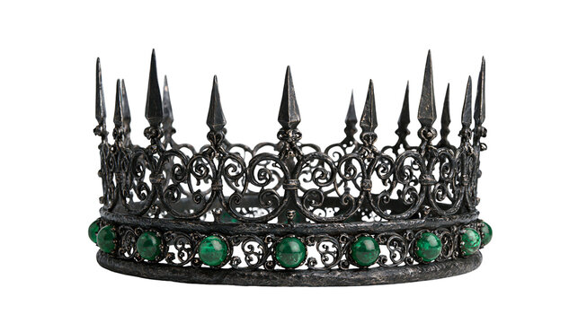 Ornate black metal crown with pointed spikes and green malachite gemstone accents