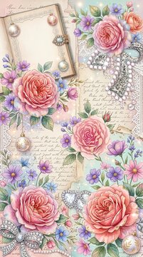 Romantic shabby chic pink roses background with diamond jeweled heart lace ribbon and vintage script wallpaper
