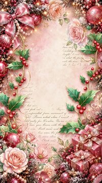 Luxury romantic Christmas background with pink roses, red glitter baubles, holly leaves, gift boxes, and vintage letter script