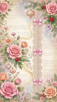 Luxury romantic Christmas background with pink roses, red glitter baubles, holly leaves, gift boxes, and vintage letter script