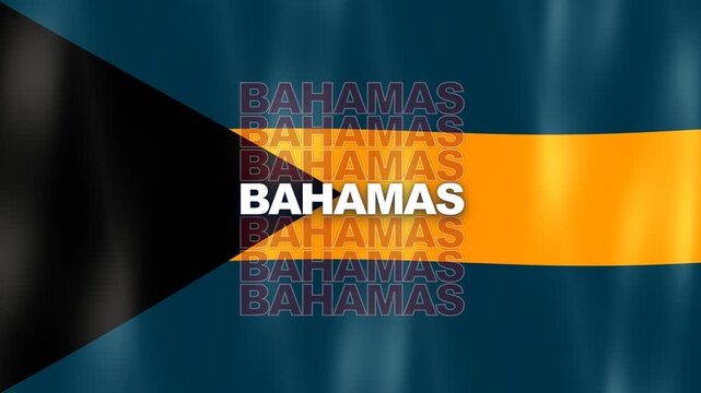 Waving Flag Of The Bahamas Featuring Black Triangle, Yellow Stripe, And Aquamarine Bands With Bold Text Overlay Centered On Screen.