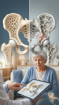 Skeletal fragility understanding: osteoporosis condition, healthy structure, weakened tissue, hip bone, medical explain, older adult, density loss, prevent fracture, future care.