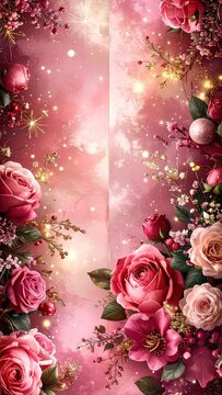 Romantic pink Christmas background frame with roses gold ornaments gift boxes and starry glitter backdrop