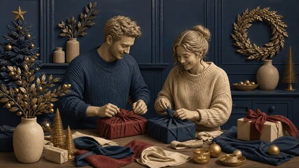 Fototapeta premium Couple Wrapping Gifts Together