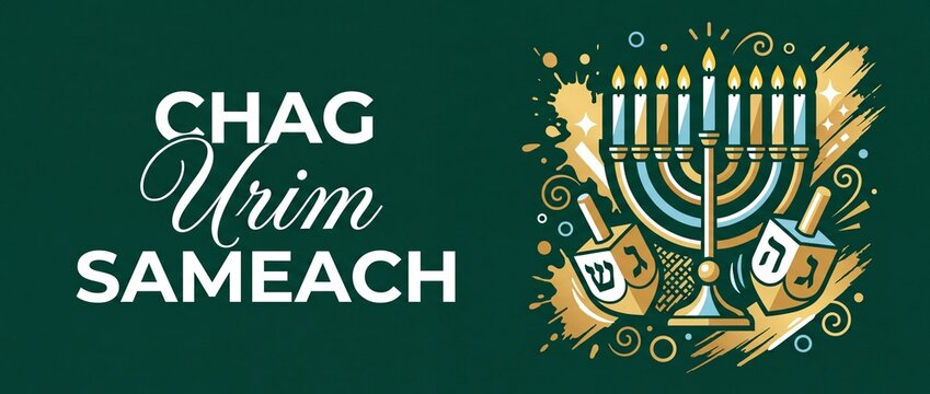 Hanukkah menorah dreidel greeting banner with Chag Urim Sameach text for Jewish Festival of Lights celebration featuring gold graphic illustration background for holiday cards and web banners.