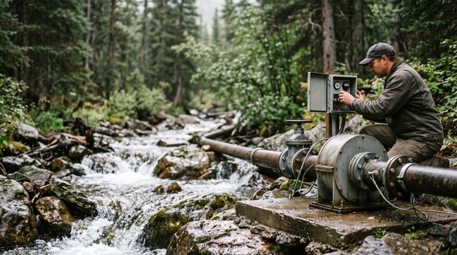 Technician inspecting micro-hydro turbine on mountain stream
