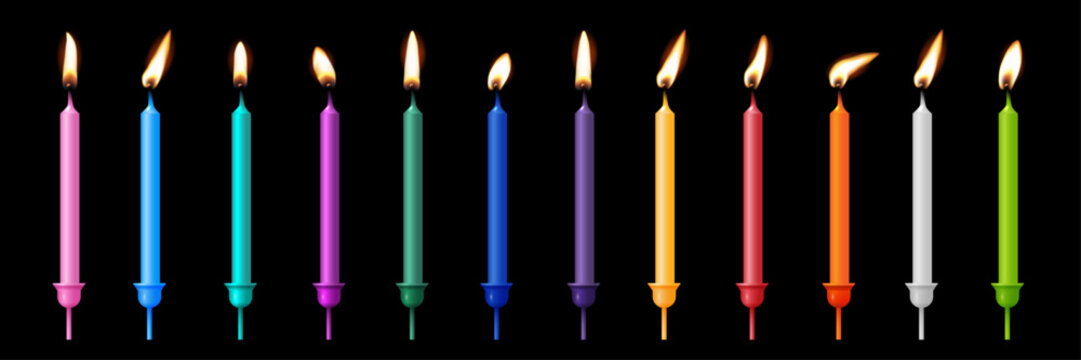 Birthday candles for cake. 3d birthday candles with different colors and glowing flames. Colorful party decoration elements for happy celebration. Festive realistic vector illustration