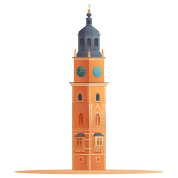Cartoon vector illustration of Krakow Town Hall, a historic landmark located in the heart of Krakow, Poland