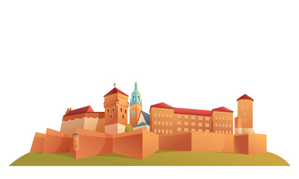 Cartoon vector illustration of Wawel Royal Castle, one of the most famous landmarks in Krakow, Poland