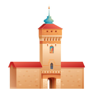 Cartoon vector illustration of St. Florian's Gate, one of the most recognizable historic landmarks in Krakow, Poland