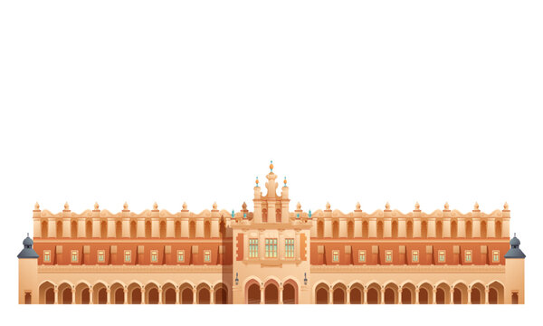 Cartoon vector illustration of the Krakow Cloth Hall, also known as Sukiennice, one of the most iconic historic landmarks in Krakow, Poland