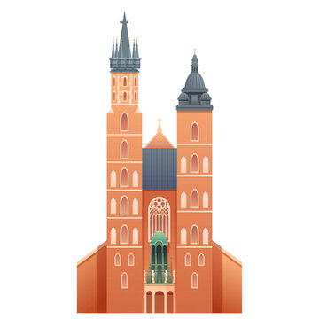 Cartoon vector illustration of St. Mary's Basilica, one of the most famous landmarks in Krakow, Poland