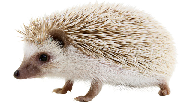 Small African pygmy hedgehog with brown and white spiky quills standing sideways