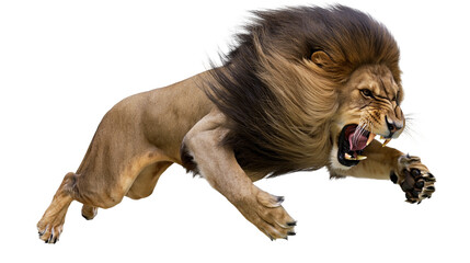 Aggressive male lion with dark mane leaping and roaring with sharp teeth exposed © Gael