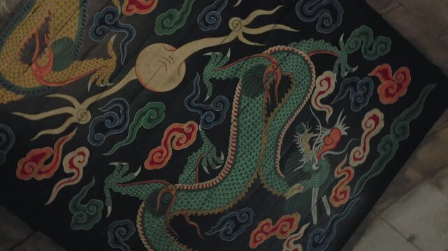 Traditional Korean Dragon And Cloud Artwork Reflecting East Asian Decorative Art And Symbolism. High-angle Shot