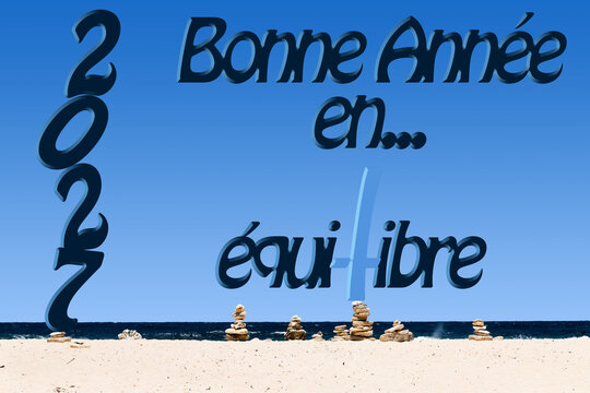 Bonne ann&eacute;e 2027, &eacute;quilibre en toutes situations. &Eacute;l&eacute;gante carte de v&oelig;u sur fond de mer turquoise.
