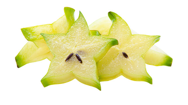 Fresh sliced starfruit with green edges and dark seeds