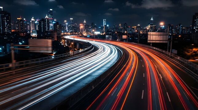 Long exposure photography of car light trails on a multi-lane highway in a modern city at night