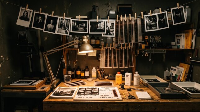 Analog film darkroom workspace featuring hanging negatives and contact sheets illuminated by a desk lamp on a wooden table. This creative photography studio setup captures the essence of film.