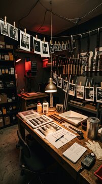 Analog photography darkroom workspace features hanging film negatives and black and white prints drying over a wooden table with developing chemicals and a timer.