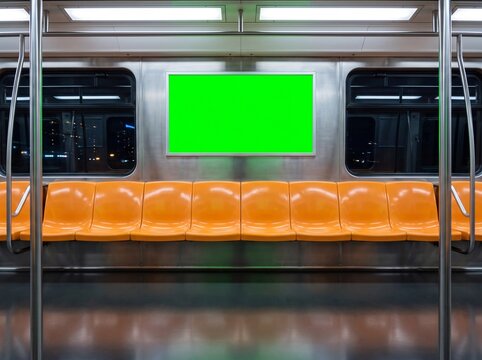 Empty orange plastic subway seats aligned inside a modern train car featuring a blank green rectangular advertisement frame for mockup