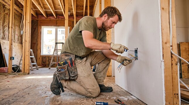 Professional electrician installing electrical wiring in a wooden stud wall frame during a residential home renovation project using hand tools