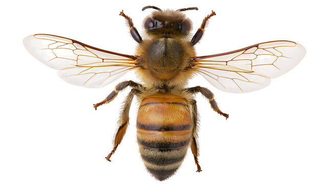 Detailed macro view of a honey bee with spread wings and fuzzy thorax