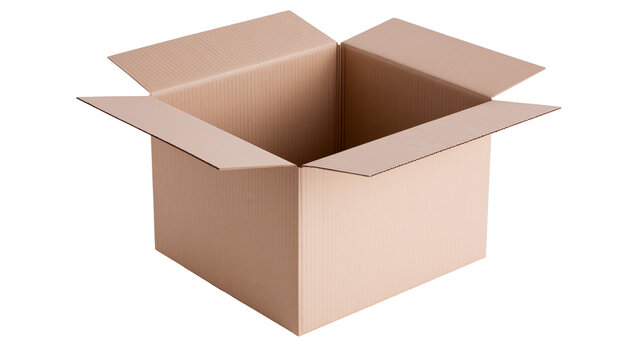 Open empty brown corrugated cardboard box with flaps extended