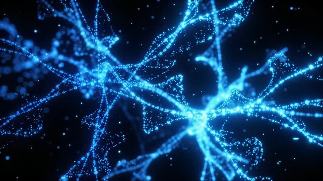 Subtle sparkling sapphire particles intricately flowing, forming a dynamic abstract weave within an immersive dark expanse, ideal for data