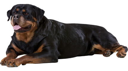 Obraz premium Large black and tan Rottweiler dog lying down with tongue out